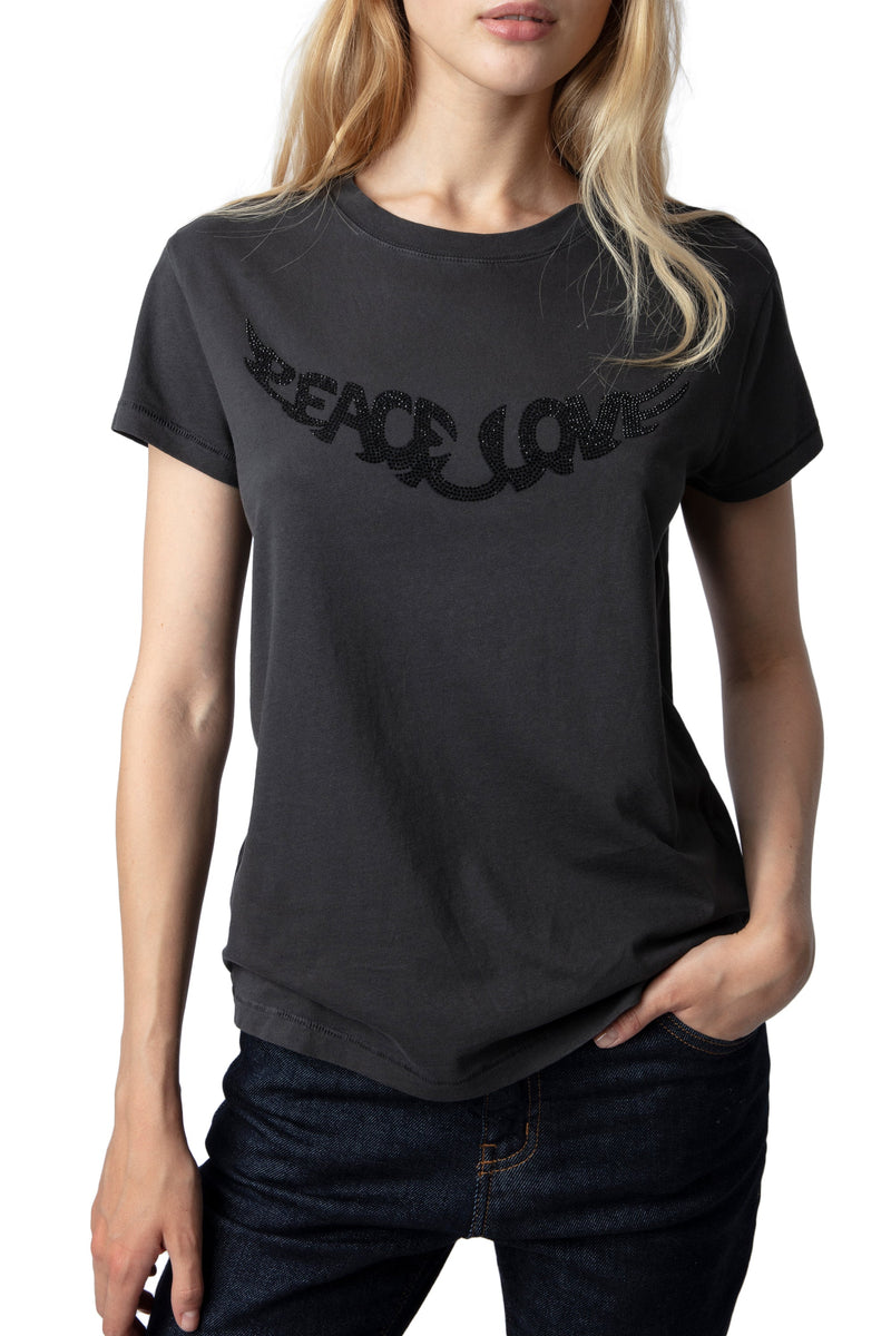 Camiseta Walk Peace&Love Strass Carbón