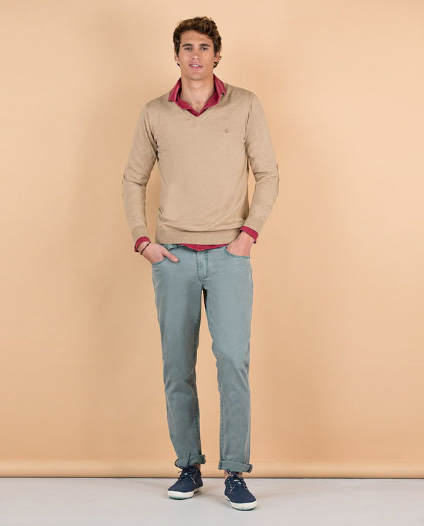 El Ganso | Jersey Cuello Pico Coderas Beige para hombre.