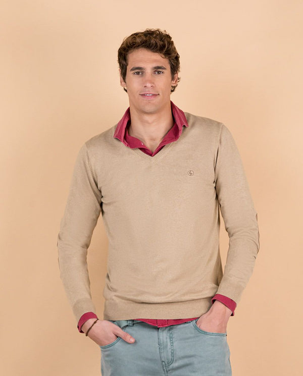 El Ganso | Jersey Cuello Pico Coderas Beige para hombre.