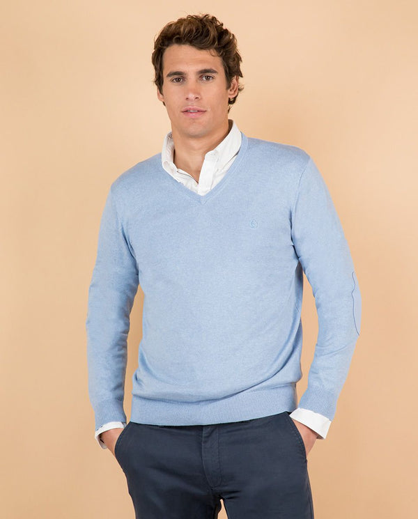 El Ganso | Jersey Cuello Pico Coderas Celeste para hombre.