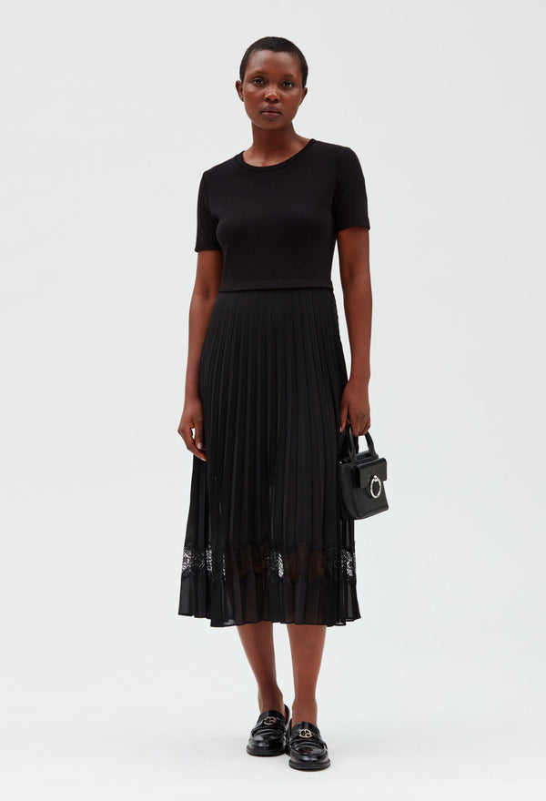 Vestido midi tela bimaterial negro