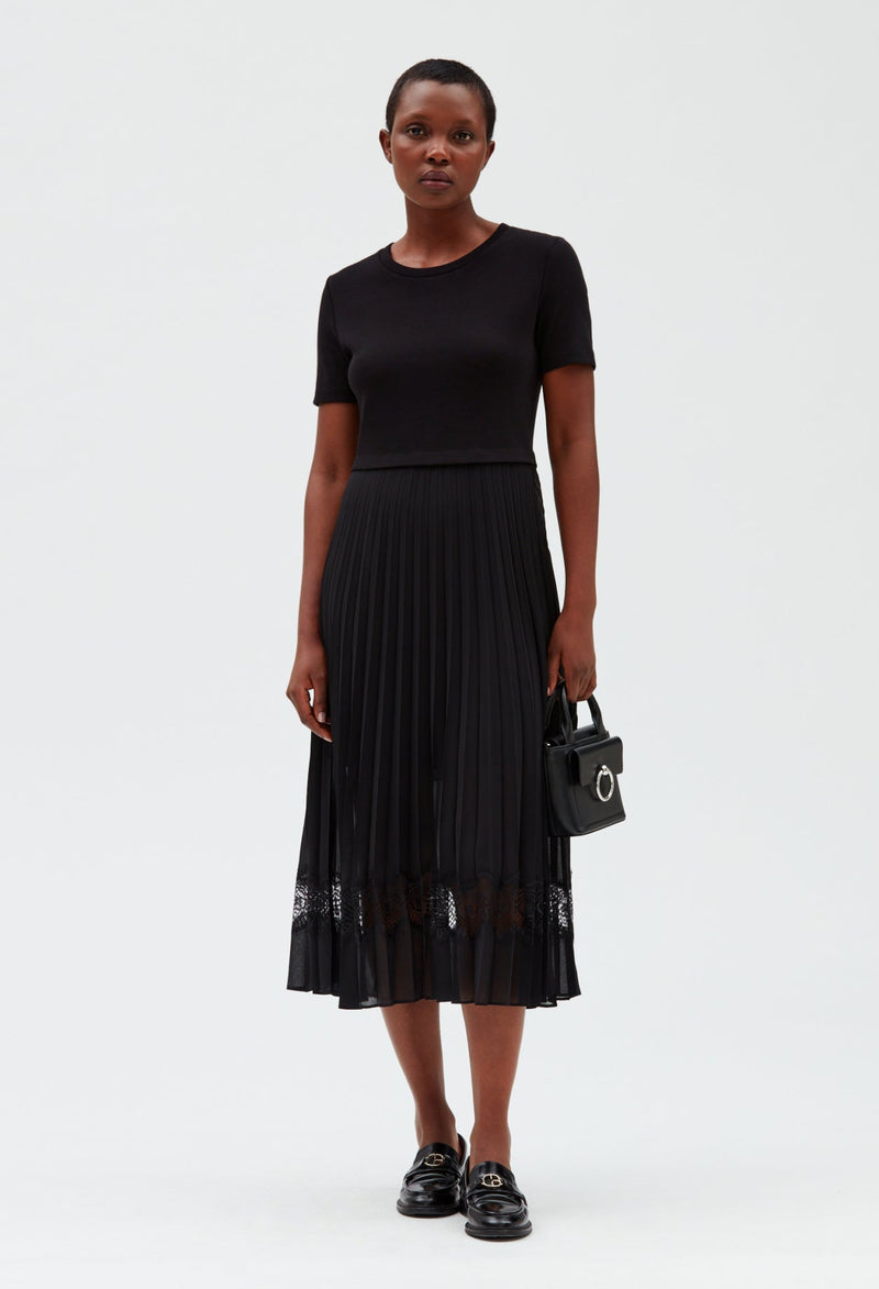 Vestido midi tela bimaterial negro