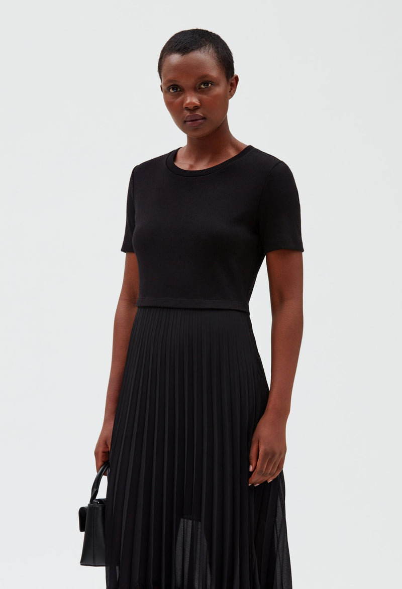 Vestido midi tela bimaterial negro
