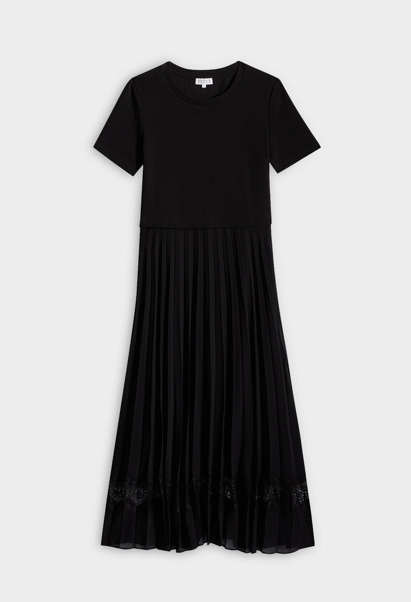 Vestido midi tela bimaterial negro