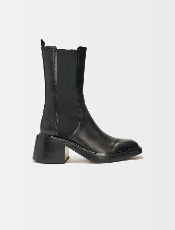 Maje | Botines de piel negra puntera cuadrada para mujer.