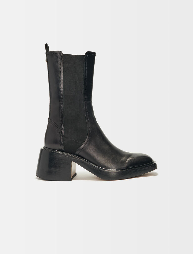 Maje | Botines de piel negra puntera cuadrada para mujer.