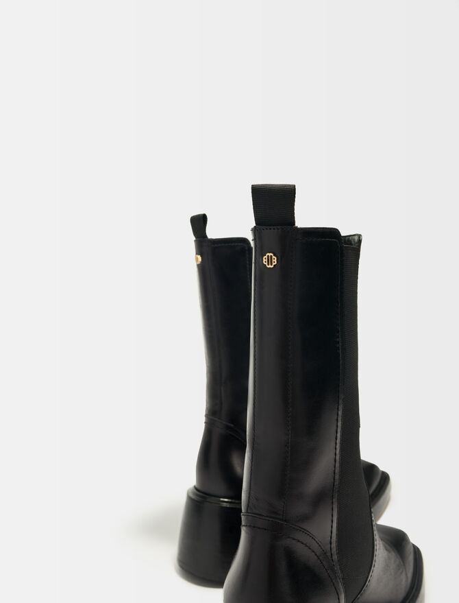 Maje | Botines de piel negra puntera cuadrada para mujer.