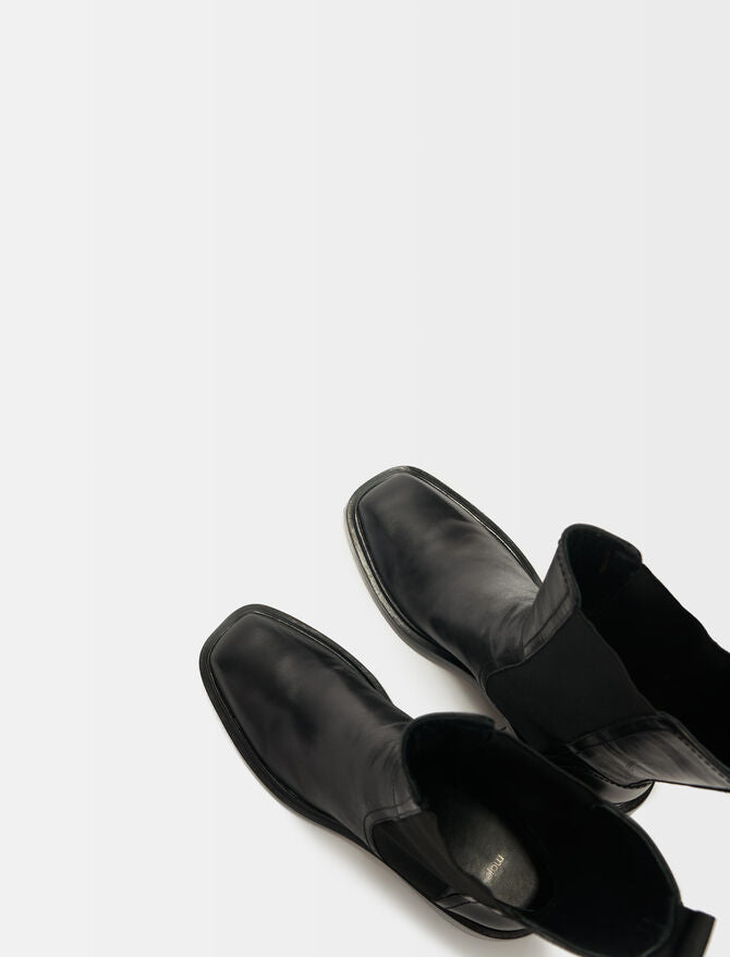 Maje | Botines de piel negra puntera cuadrada para mujer.