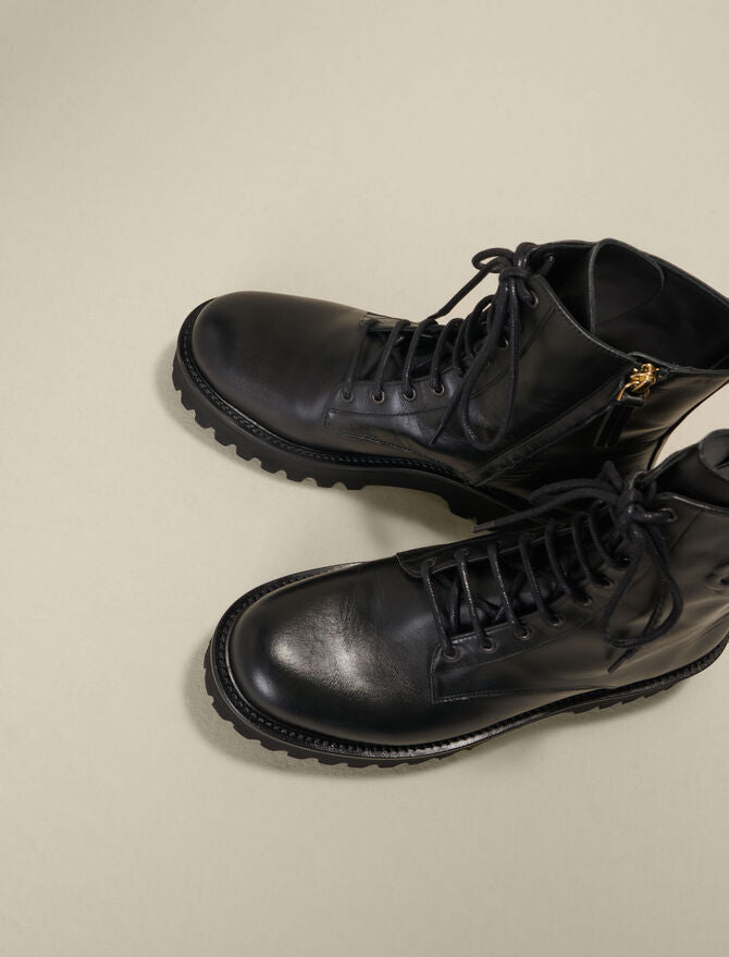 Maje | Botines negros de piel con cordones para mujer.