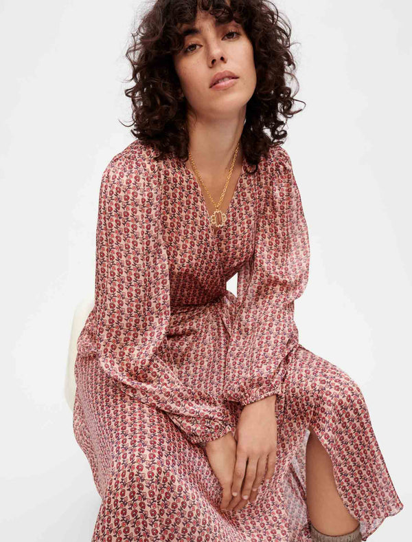 Maje | Vestido drapeado de raso estampado para mujer.