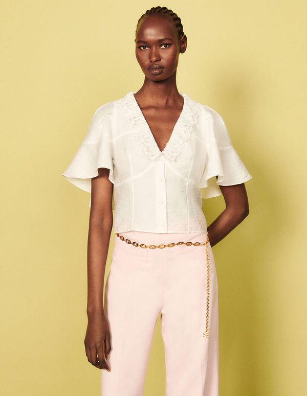 Sandro | Camisa corta con capa avolantada para mujer.