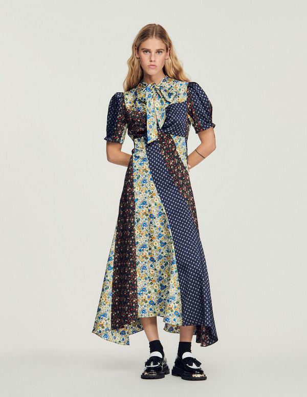 Sandro | Vestido largo estampado cuello con lazo para mujer.