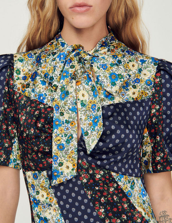 Sandro | Vestido largo estampado cuello con lazo para mujer.