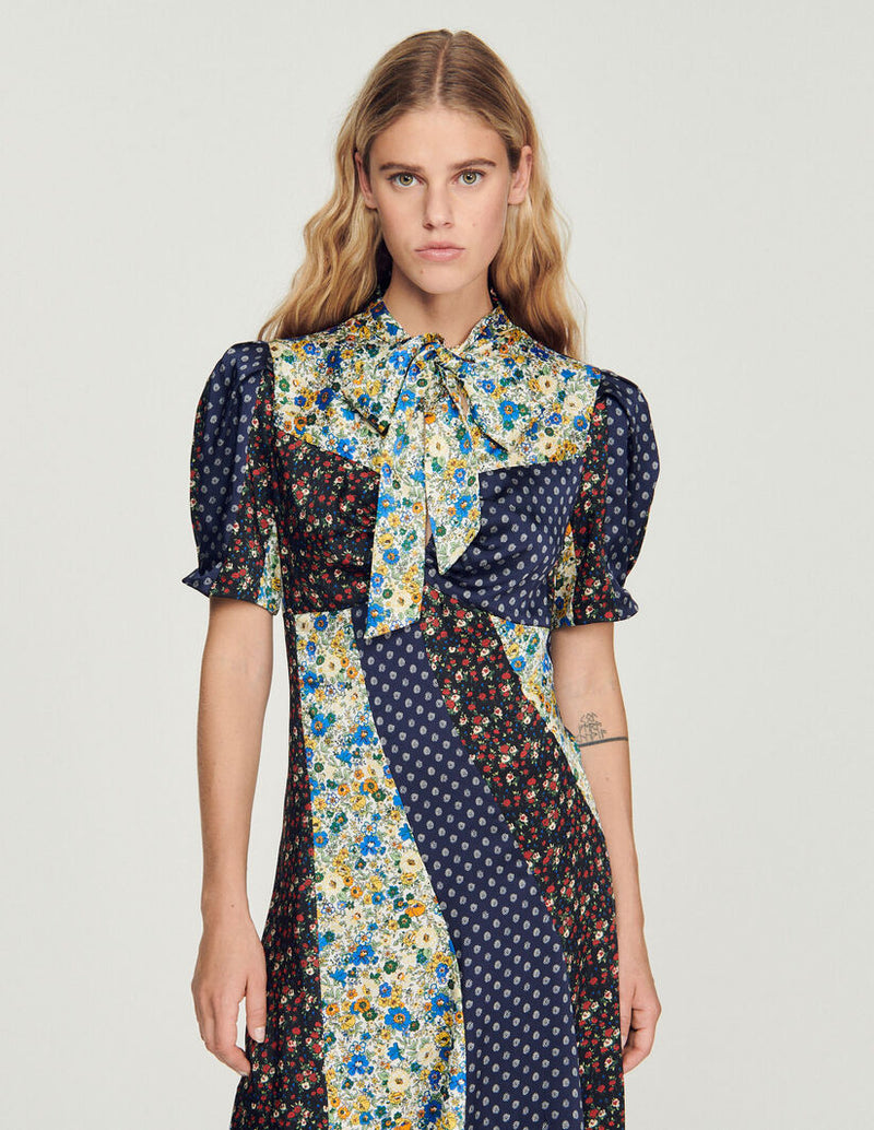 Sandro | Vestido largo estampado cuello con lazo para mujer.