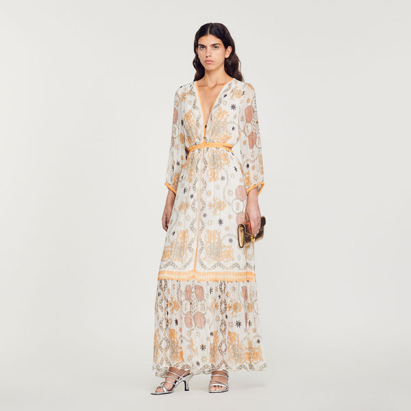 Sandro | Vestido largo con estampado tipo mascada para mujer.