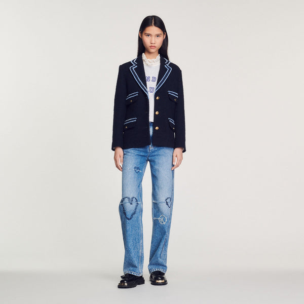 Chaqueta de tweed, pasamano en contraste