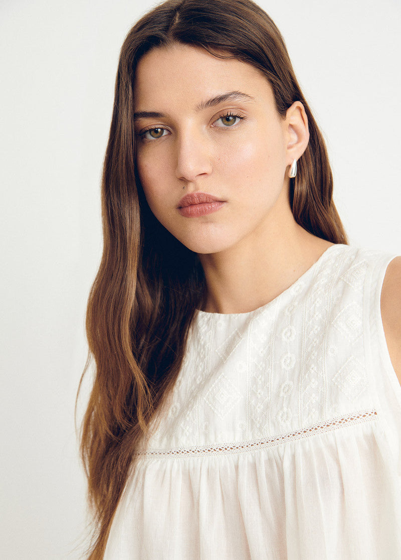 Blusa bordado a tono sin mangas Blanco