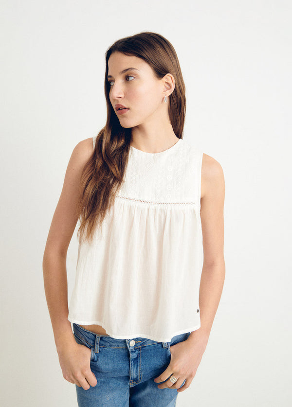 Blusa bordado a tono sin mangas Blanco