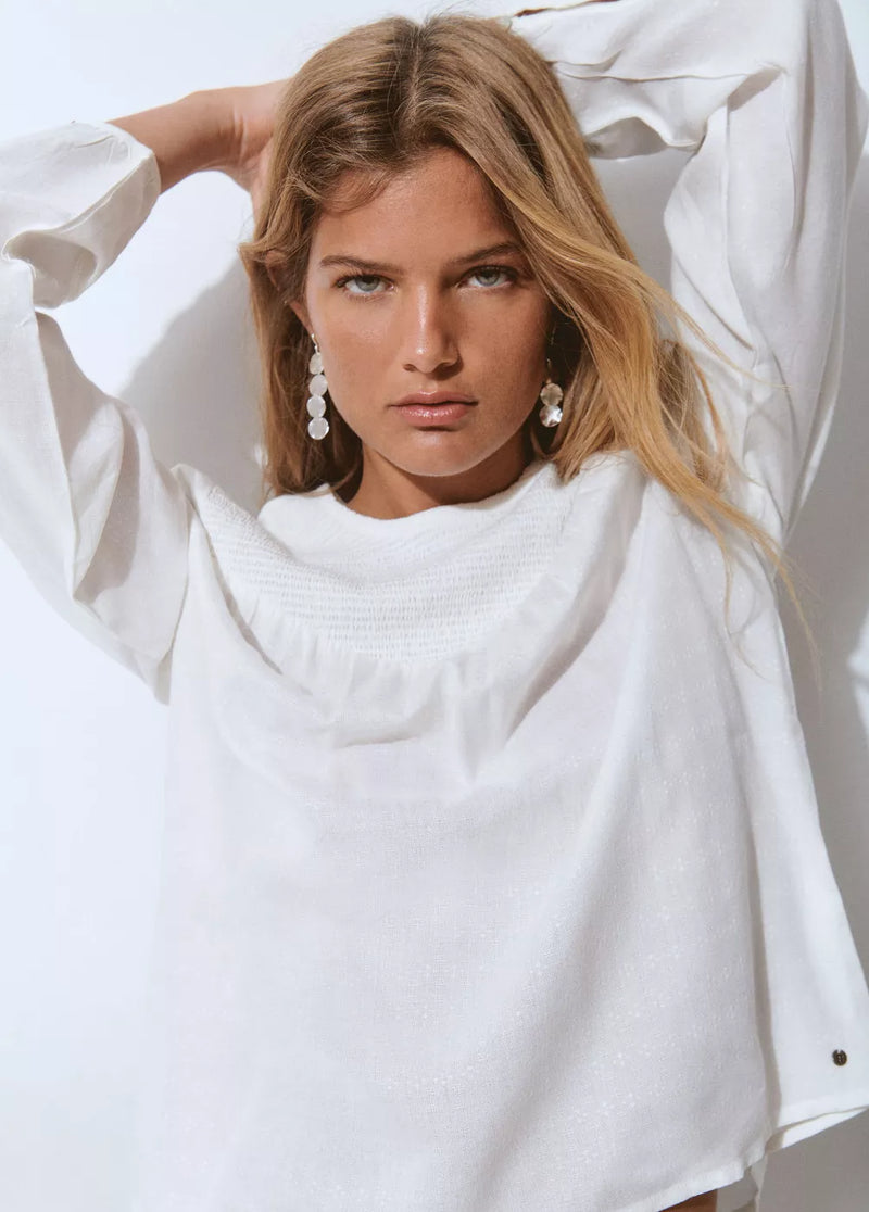 Blusa cuello redondo smock en pico Crudo