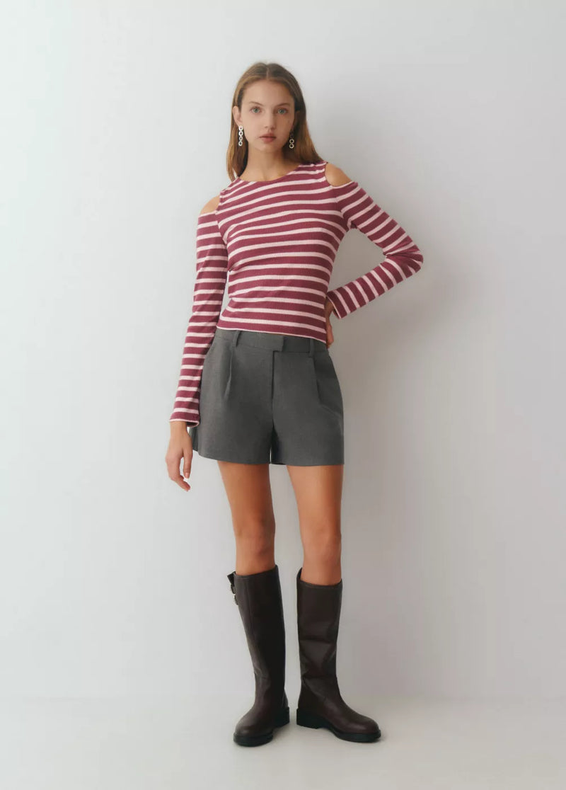 Camiseta raya lurex cut-out hombro Rosa