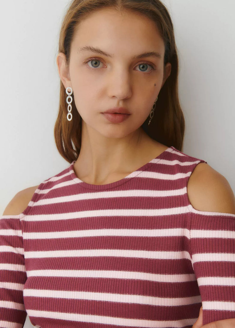 Camiseta raya lurex cut-out hombro Rosa