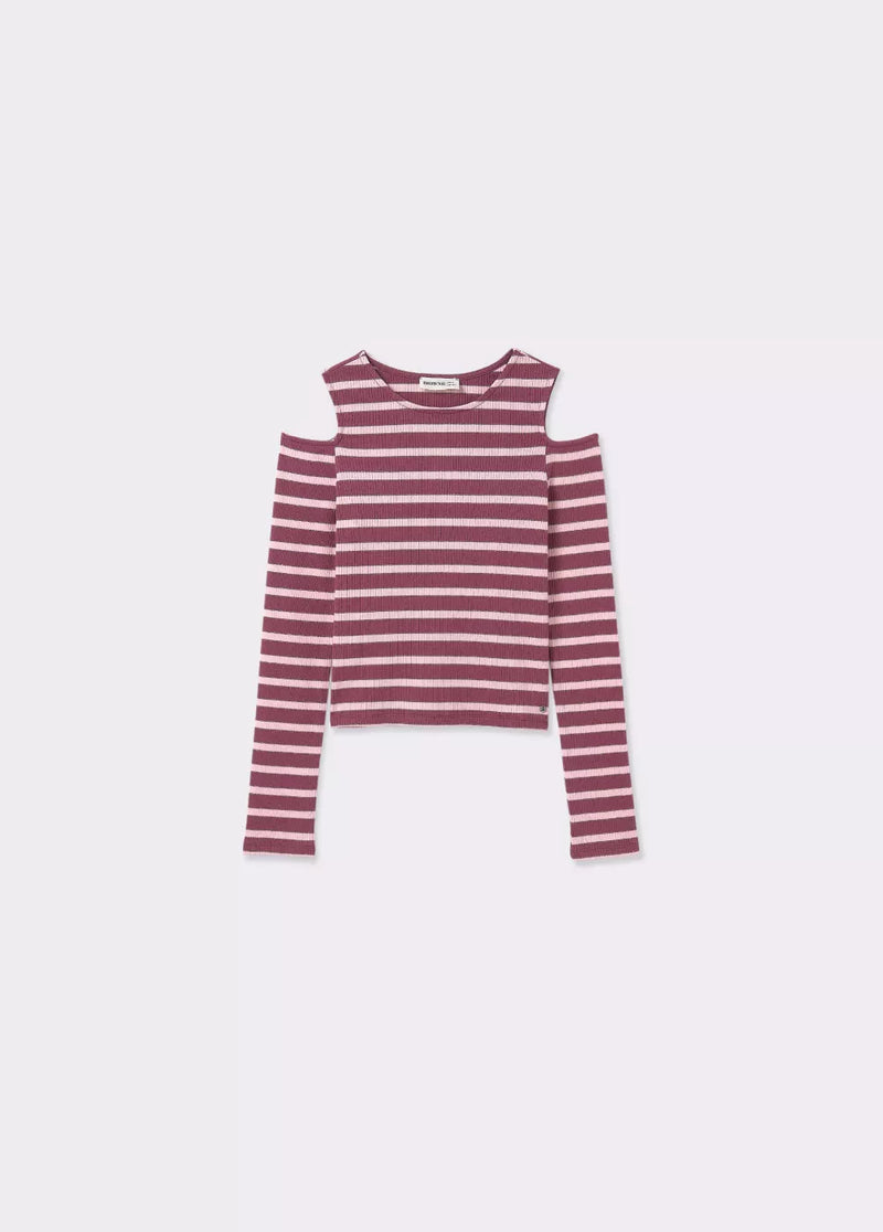 Camiseta raya lurex cut-out hombro Rosa