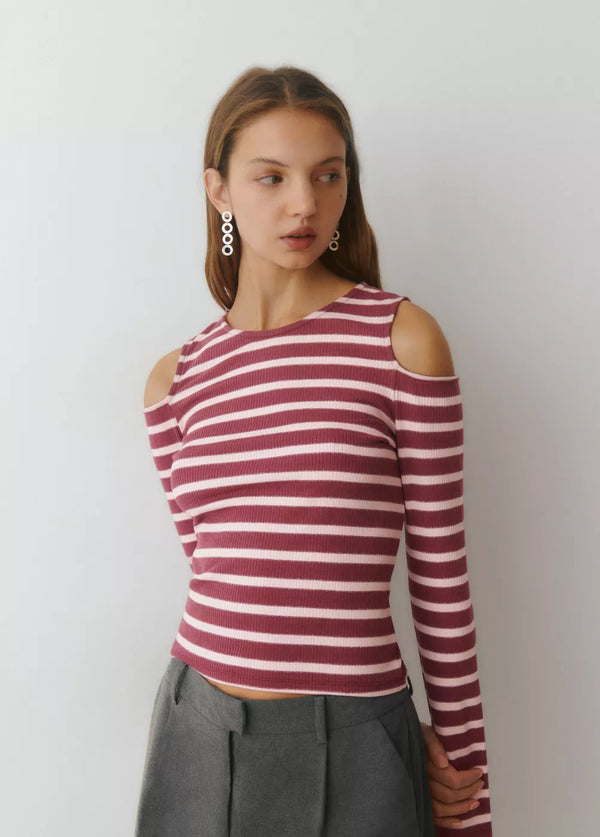 Camiseta raya lurex cut-out hombro Rosa