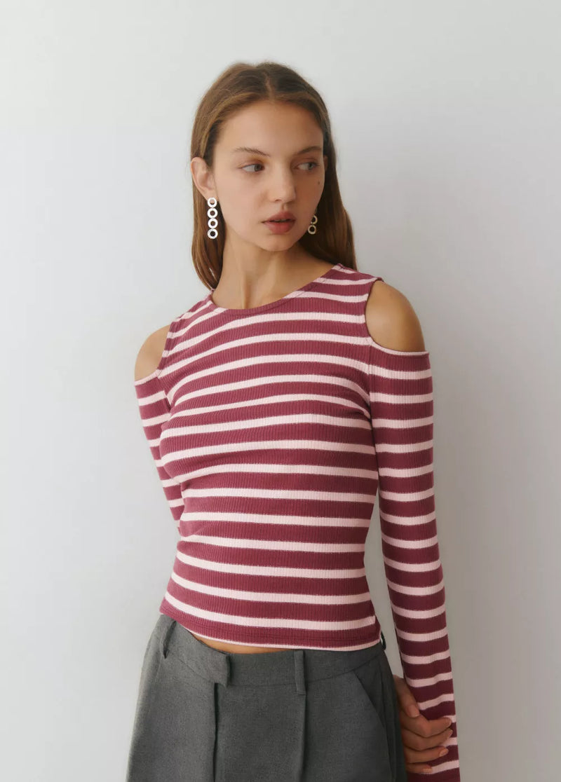 Camiseta raya lurex cut-out hombro Rosa