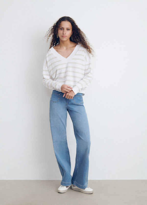 Jersey cuello pico rayas Natural