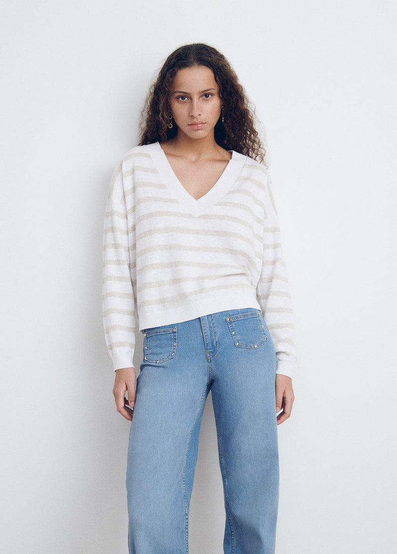 Jersey cuello pico rayas Natural