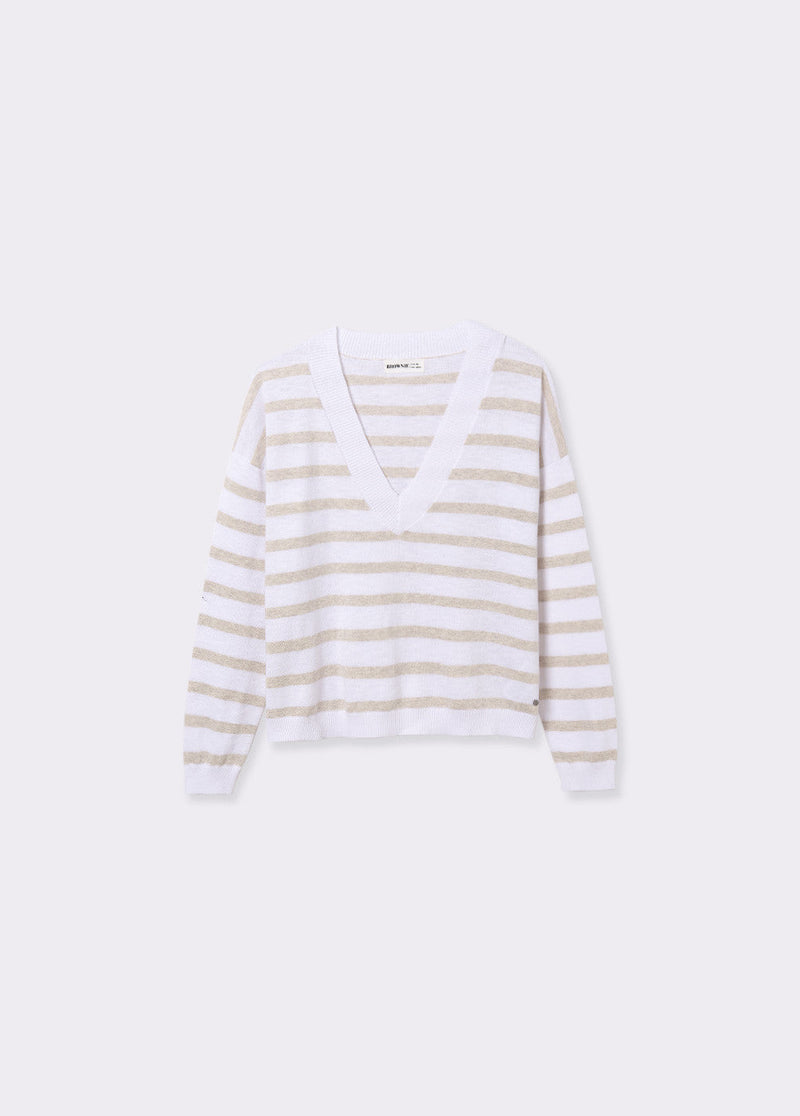 Jersey cuello pico rayas Natural