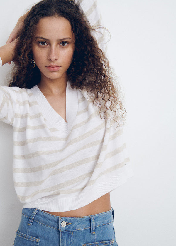 Jersey cuello pico rayas Natural