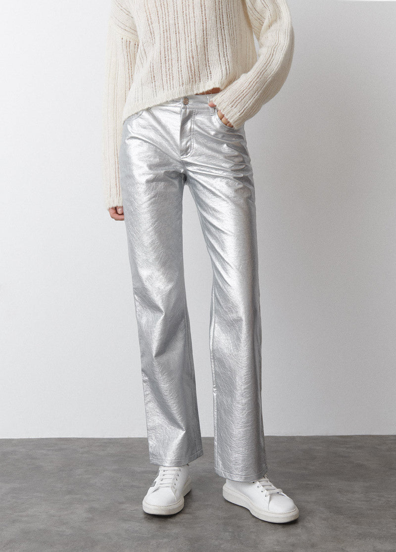 Pantalón metalizado efecto piel Plata