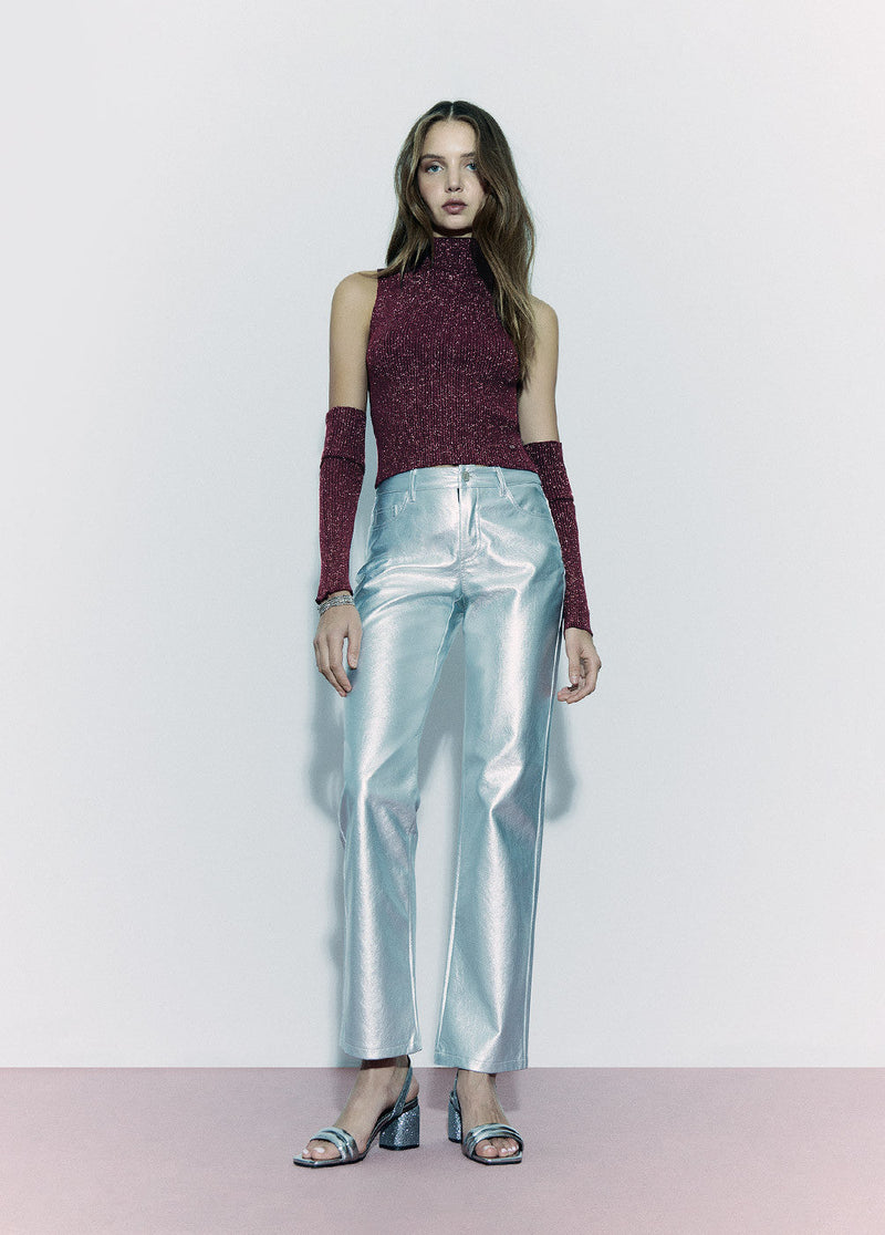 Pantalón metalizado efecto piel Plata