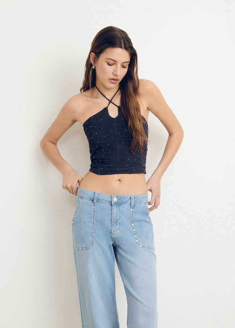 Top drapeado halter tachitas Antracita