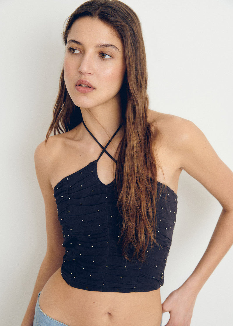 Top drapeado halter tachitas Antracita