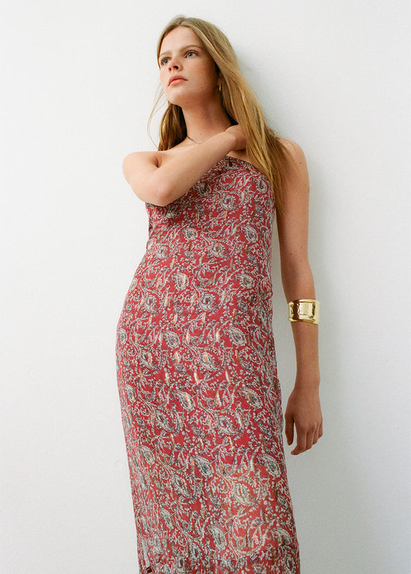 Vestido estampado cashemeres bajo asimétrico Teja