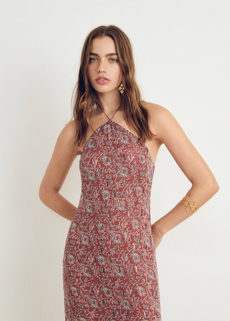 Vestido estampado cashemeres bajo asimétrico Teja