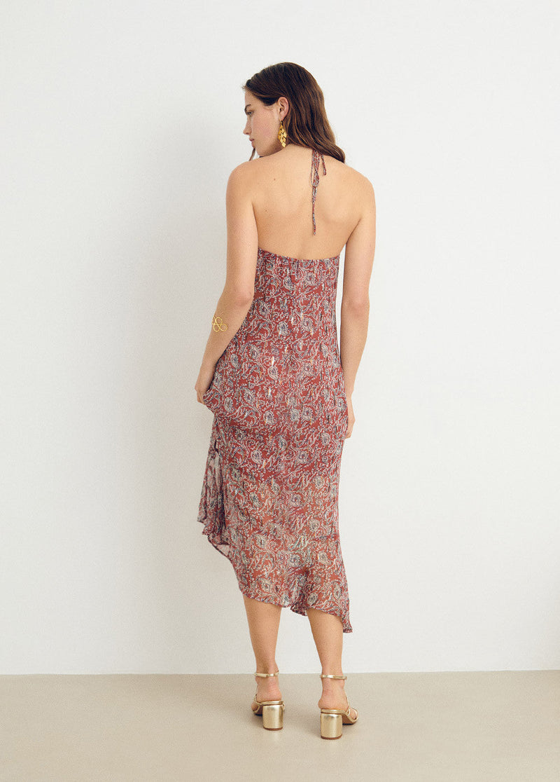 Vestido estampado cashemeres bajo asimétrico Teja