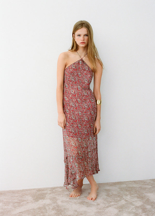 Vestido estampado cashemeres bajo asimétrico Teja