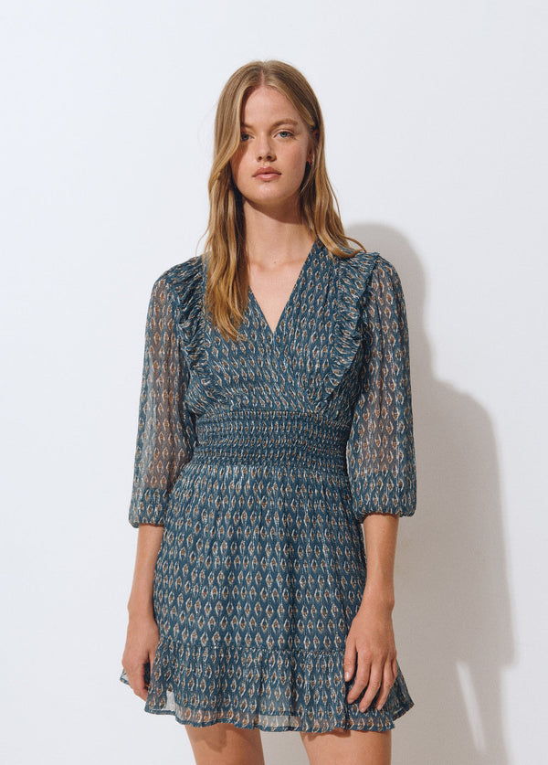 Vestido smock cintura sello indio brillo Verdoso
