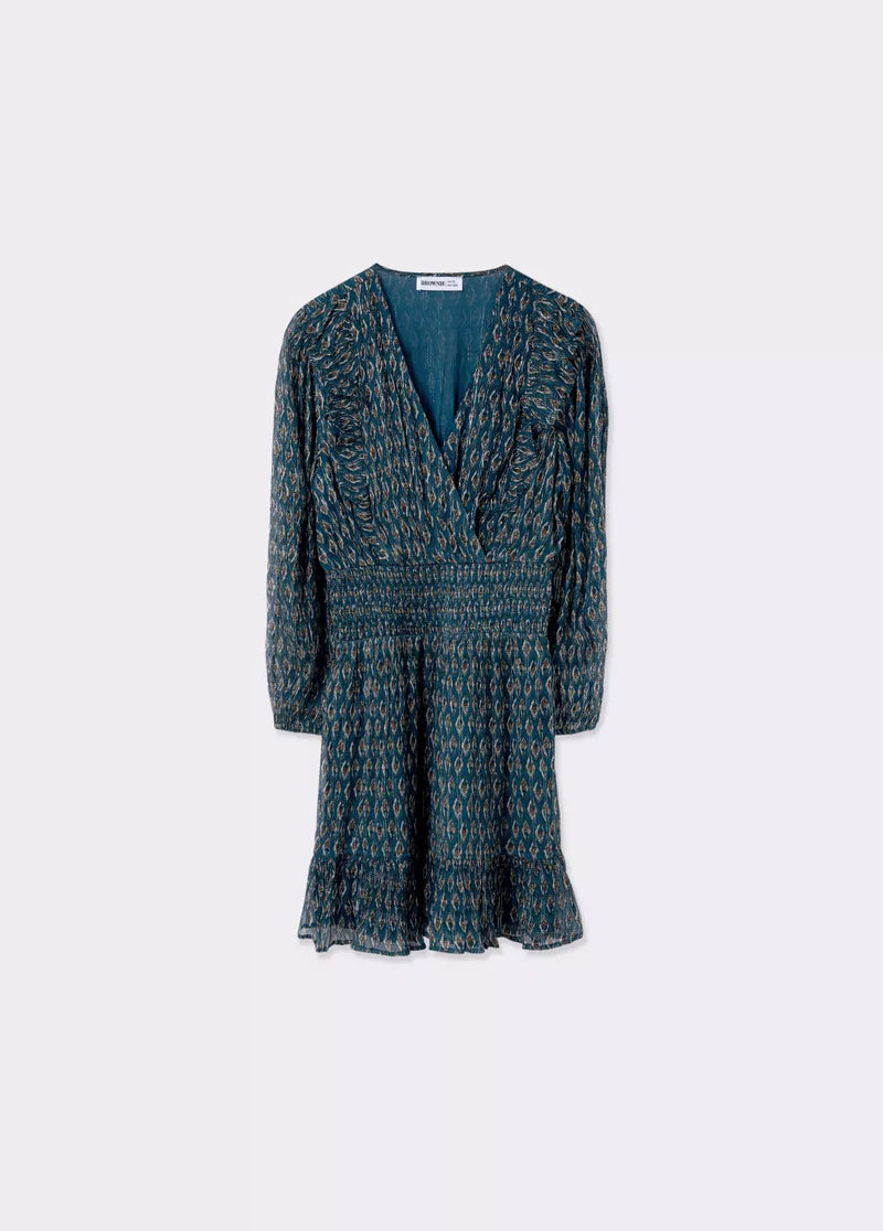Vestido smock cintura sello indio brillo Verdoso