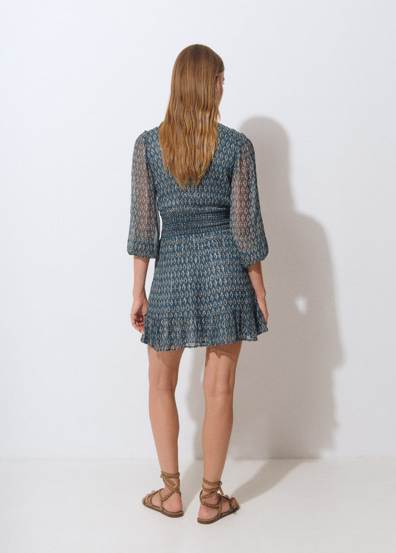 Vestido smock cintura sello indio brillo Verdoso