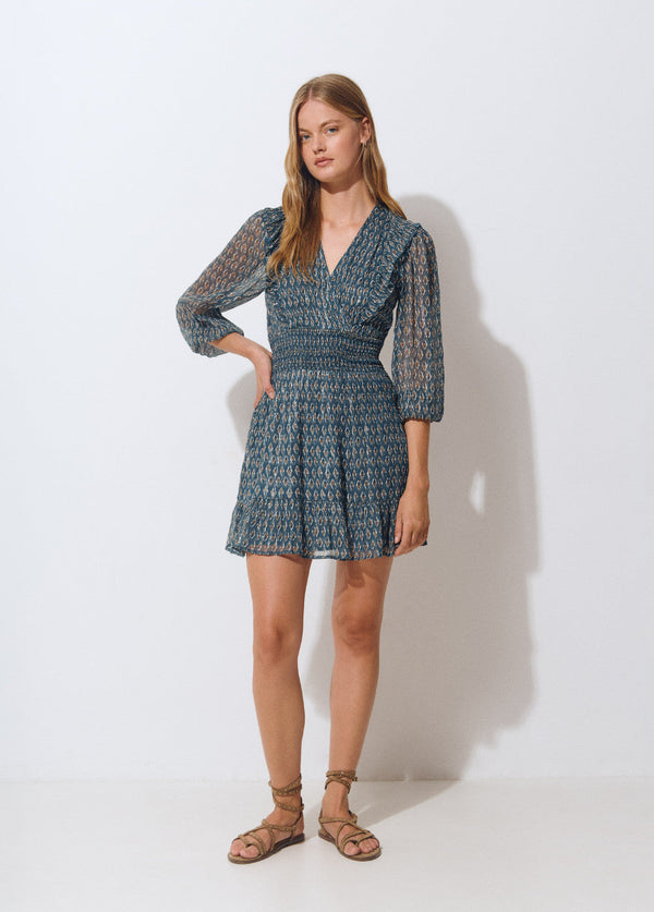 Vestido smock cintura sello indio brillo Verdoso